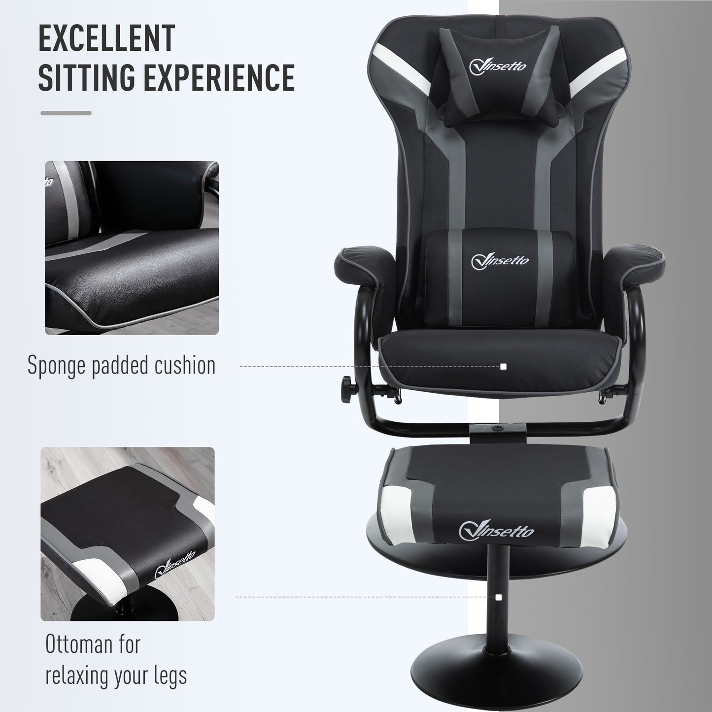 Video Game Chair and Footrest Set with Lumbar Support Headrest Grey