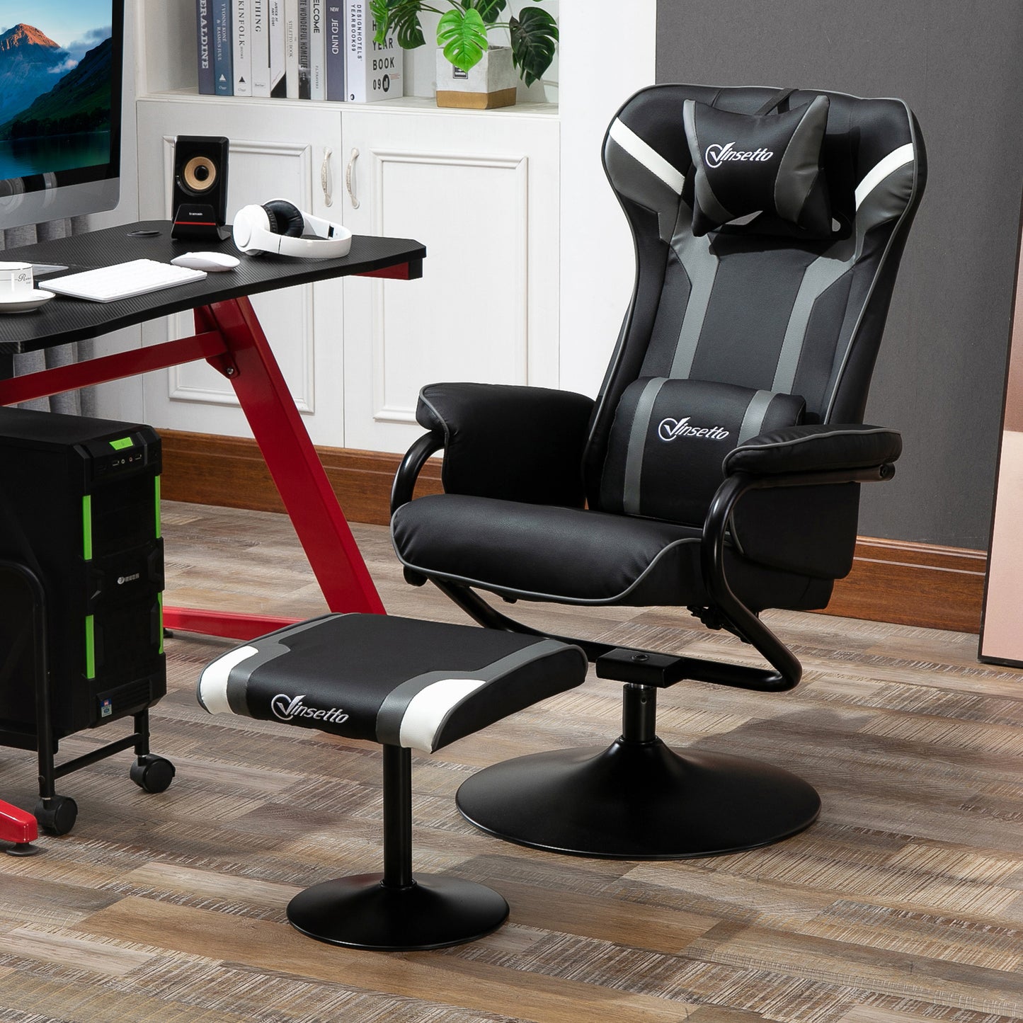 Video Game Chair and Footrest Set with Lumbar Support Headrest Grey