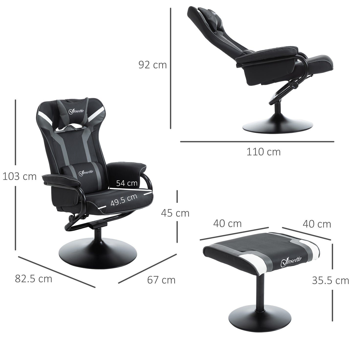 Video Game Chair and Footrest Set with Lumbar Support Headrest Grey