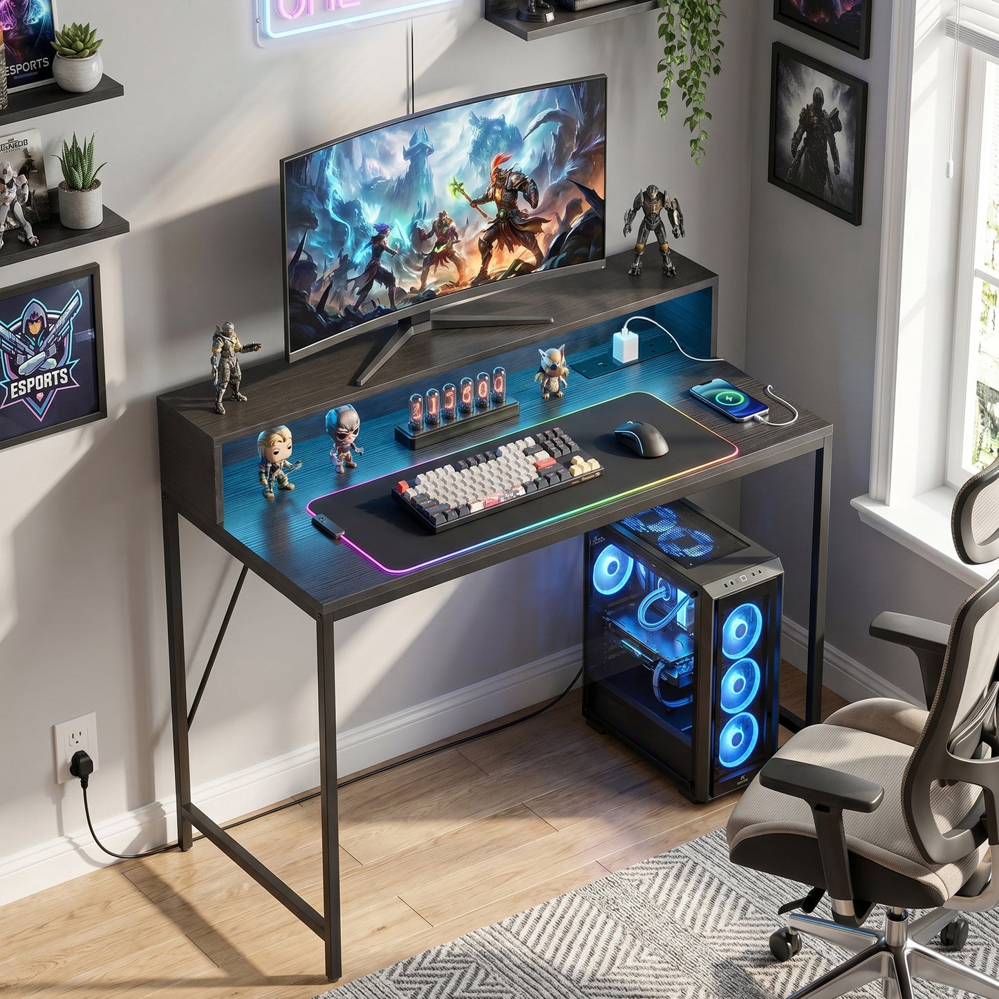 Gaming Desk with LED Lights and Power Outlets, Black Wood-Effect