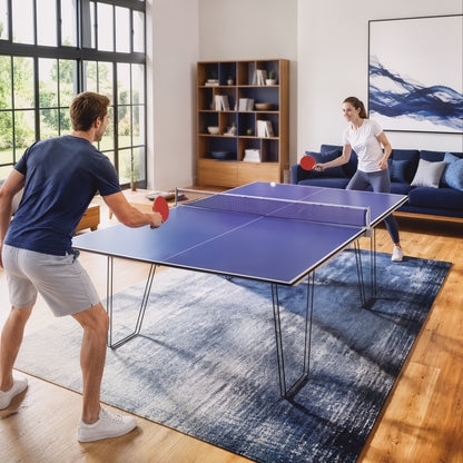 9 ft Folding Ping Pong Table Top for Billiard Tables, Regulation Sized Foldable Table Tennis Conversion Top with Net Set, Foam Padding, Net Storage Bag, Blue