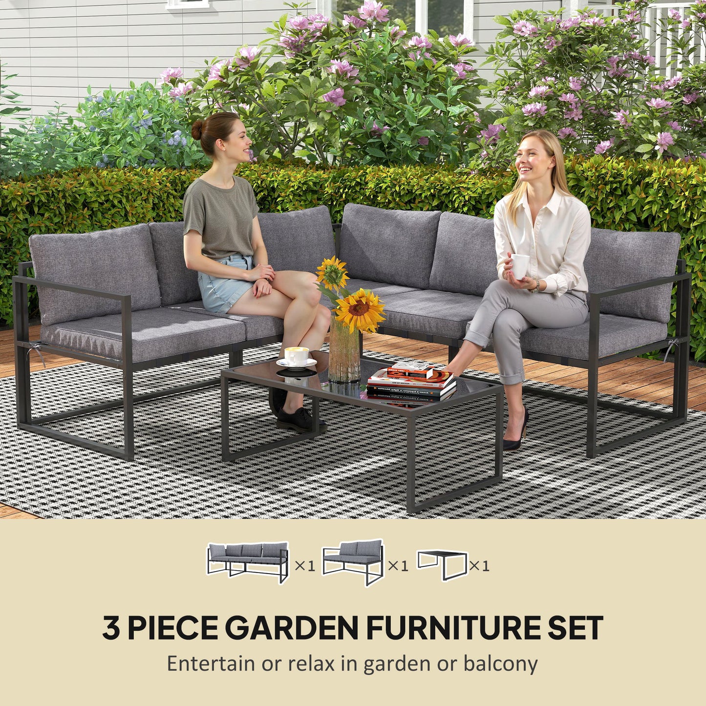 Versatile Patio Three-Piece Set: 3 Piece L Shaped Garden Furniture Set with Cushions, Grey