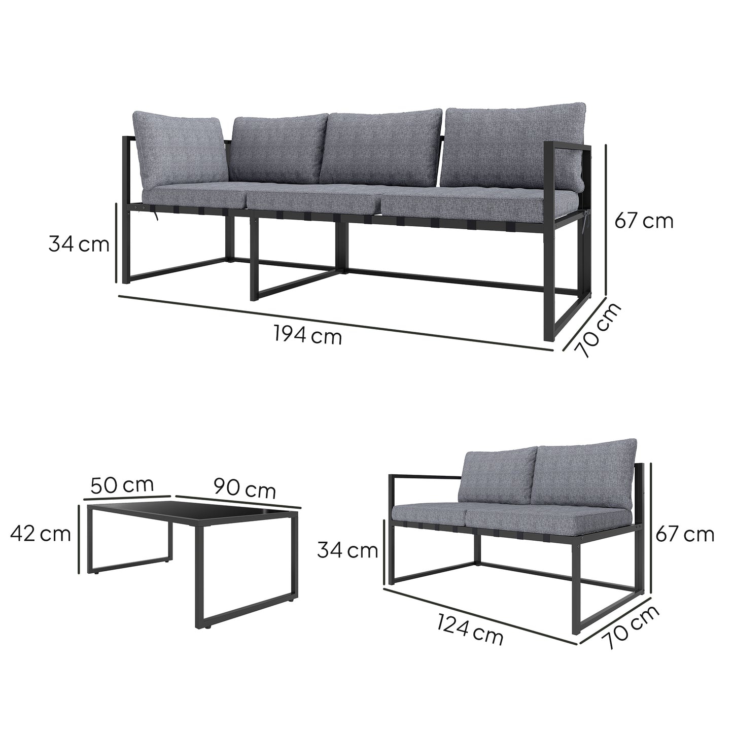 Versatile Patio Three-Piece Set: 3 Piece L Shaped Garden Furniture Set with Cushions, Grey
