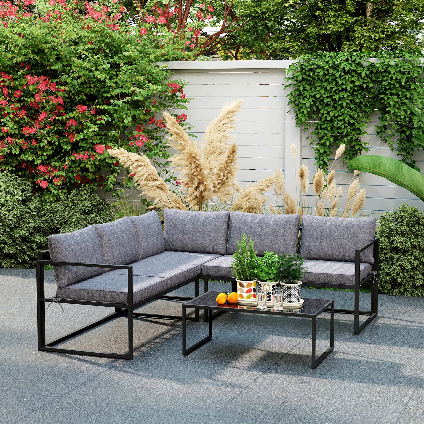 Versatile Patio Three-Piece Set: 3 Piece L Shaped Garden Furniture Set with Cushions, Grey