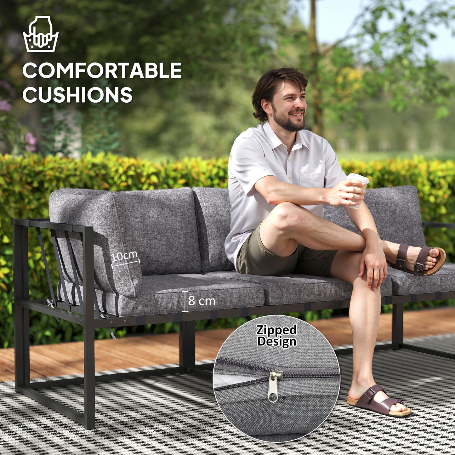 Versatile Patio Three-Piece Set: 3 Piece L Shaped Garden Furniture Set with Cushions, Grey