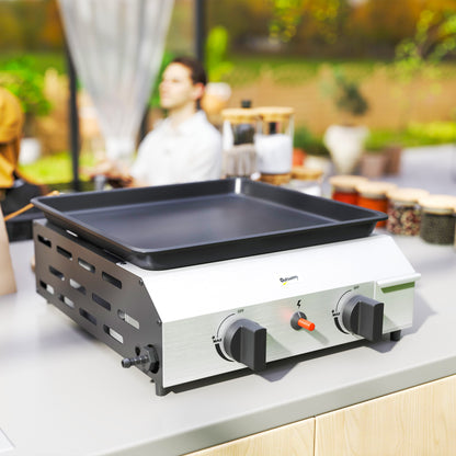 Gas Grill, Gas BBQ with Non-Stick Griddle for Camping, Silver Tone