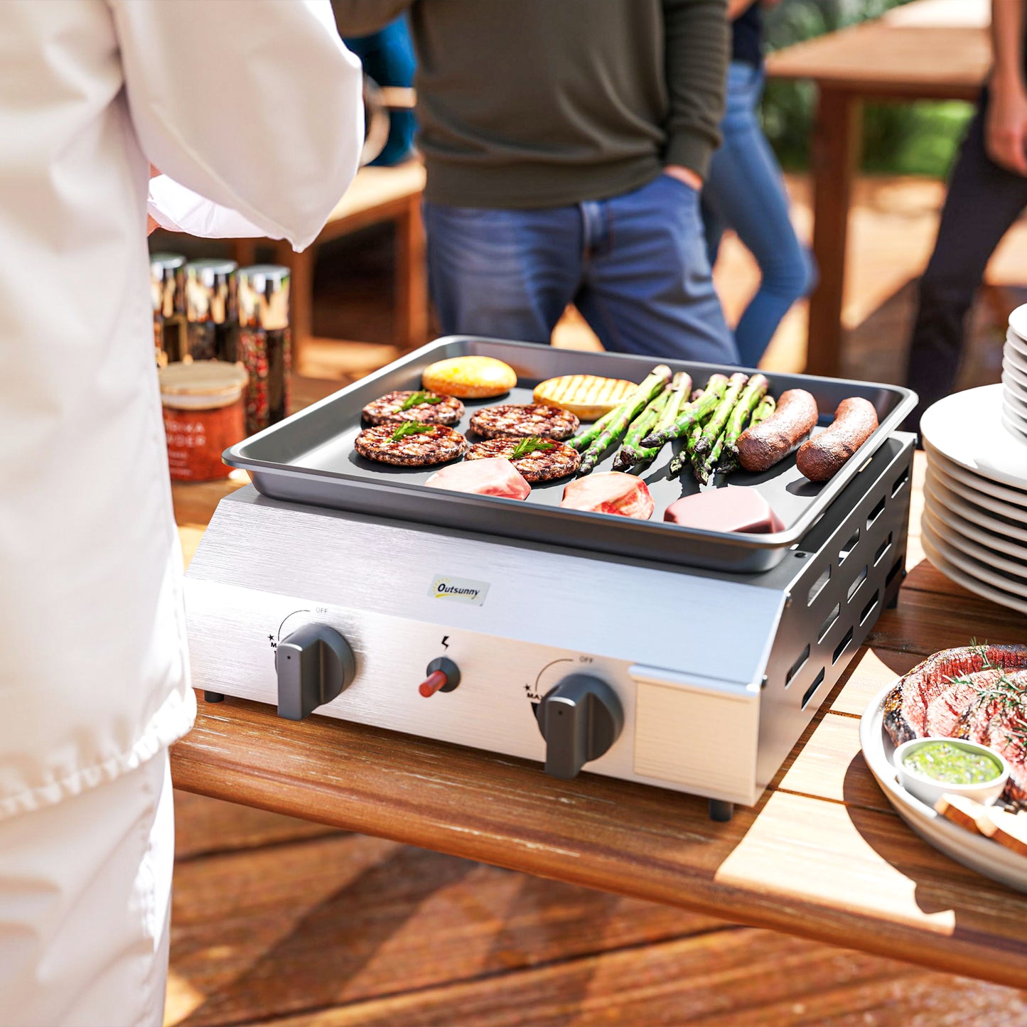 Gas Grill, Gas BBQ with Non-Stick Griddle for Camping, Silver Tone