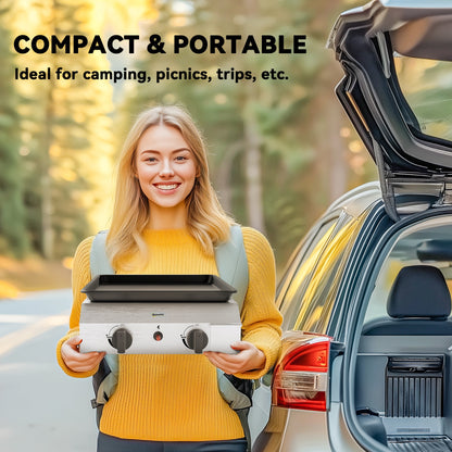Gas Grill, Gas BBQ with Non-Stick Griddle for Camping, Silver Tone