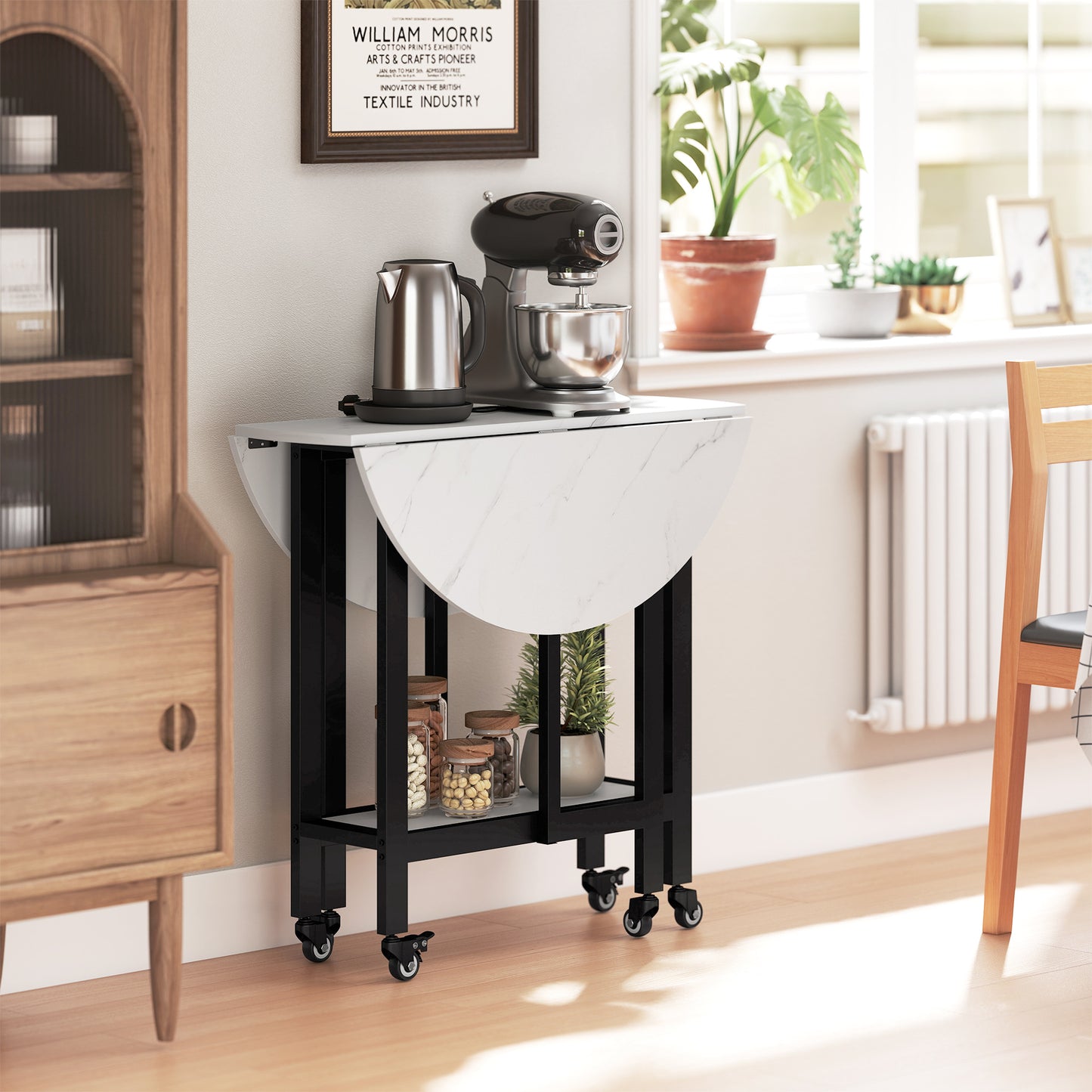 Folding Dining Table, Drop Leaf Table with Open Shelf, White Marble
