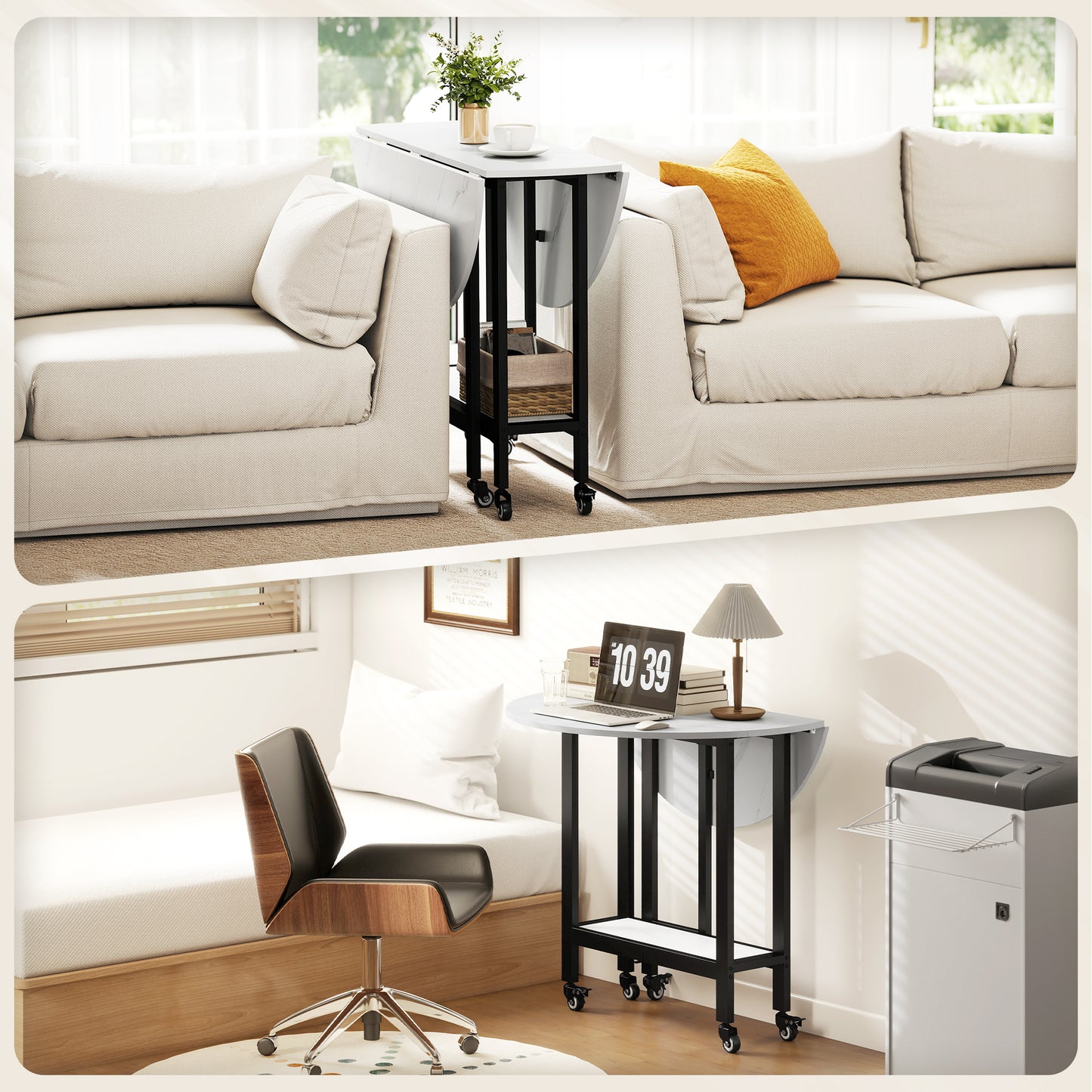 Folding Dining Table, Drop Leaf Table with Open Shelf, White Marble