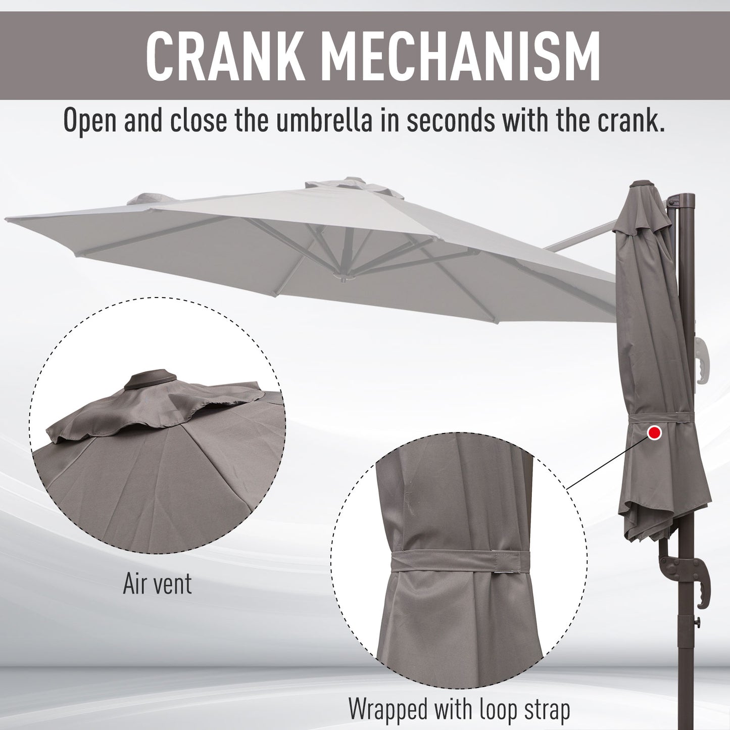 Outsunny 3M Roma Umbrella Sun Shade Cantilever Hanging Parasol w/ Cross Base Hand Crank Aluminium Frame 360¬¨‚àû Rotation - Grey