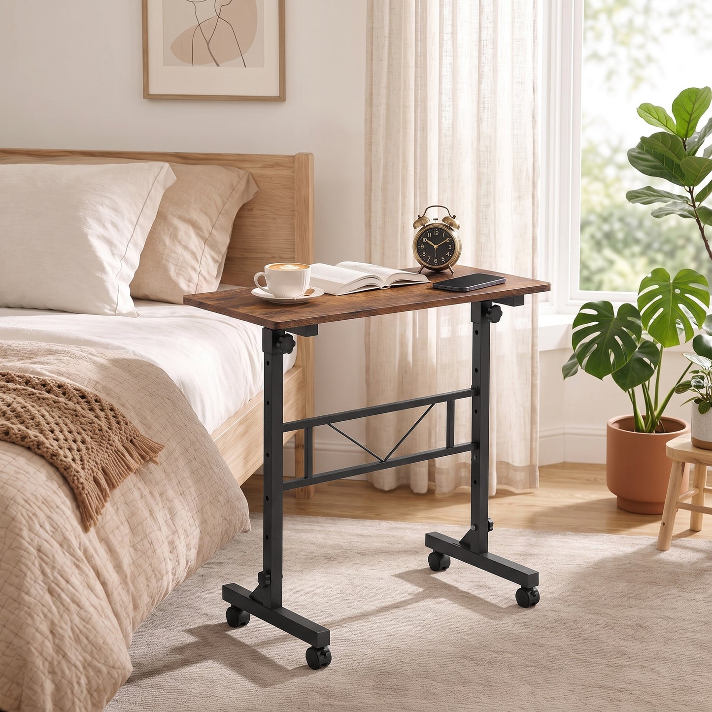 Overbed Table Adjustable Height with Steel Frame Rustic Brown