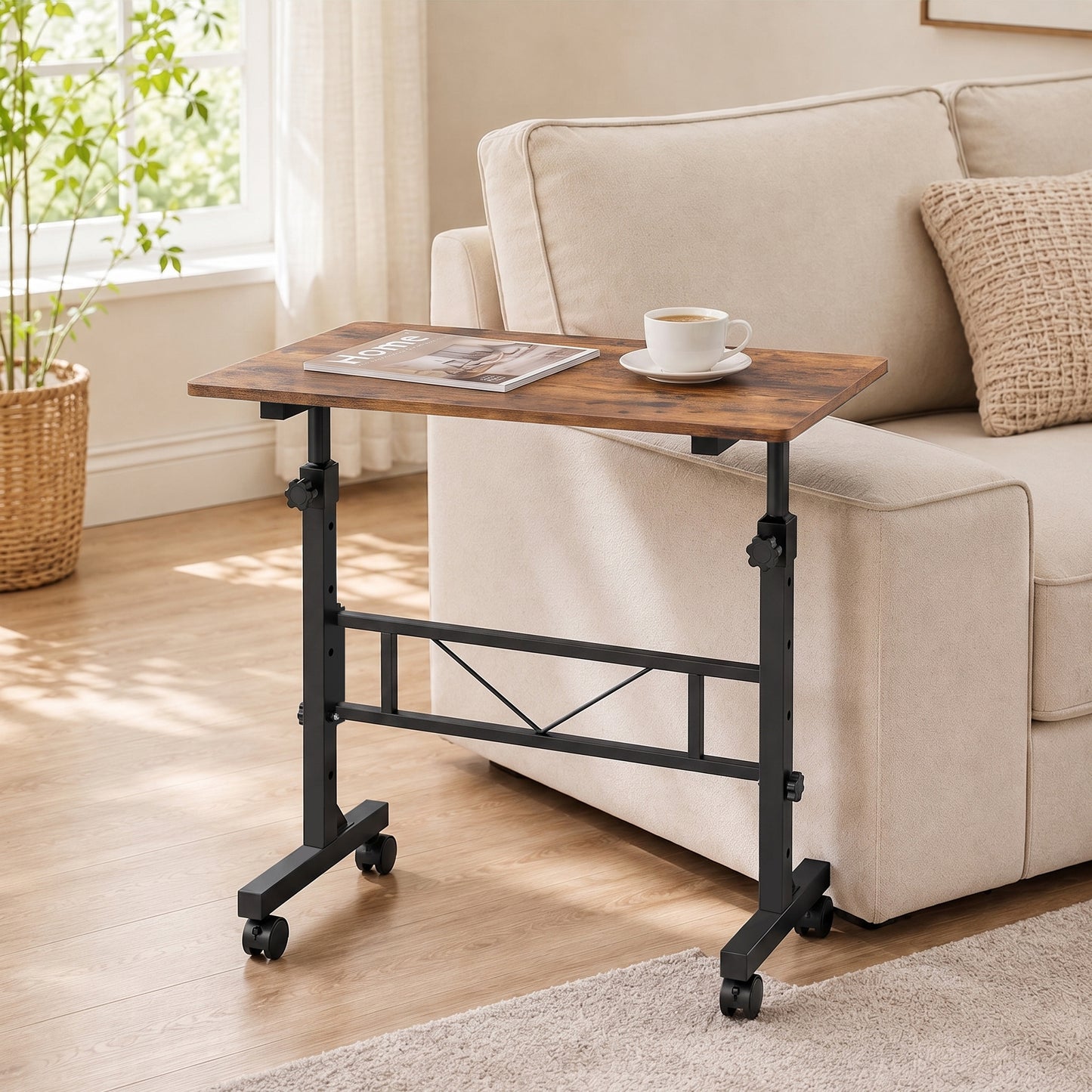 Overbed Table Adjustable Height with Steel Frame Rustic Brown