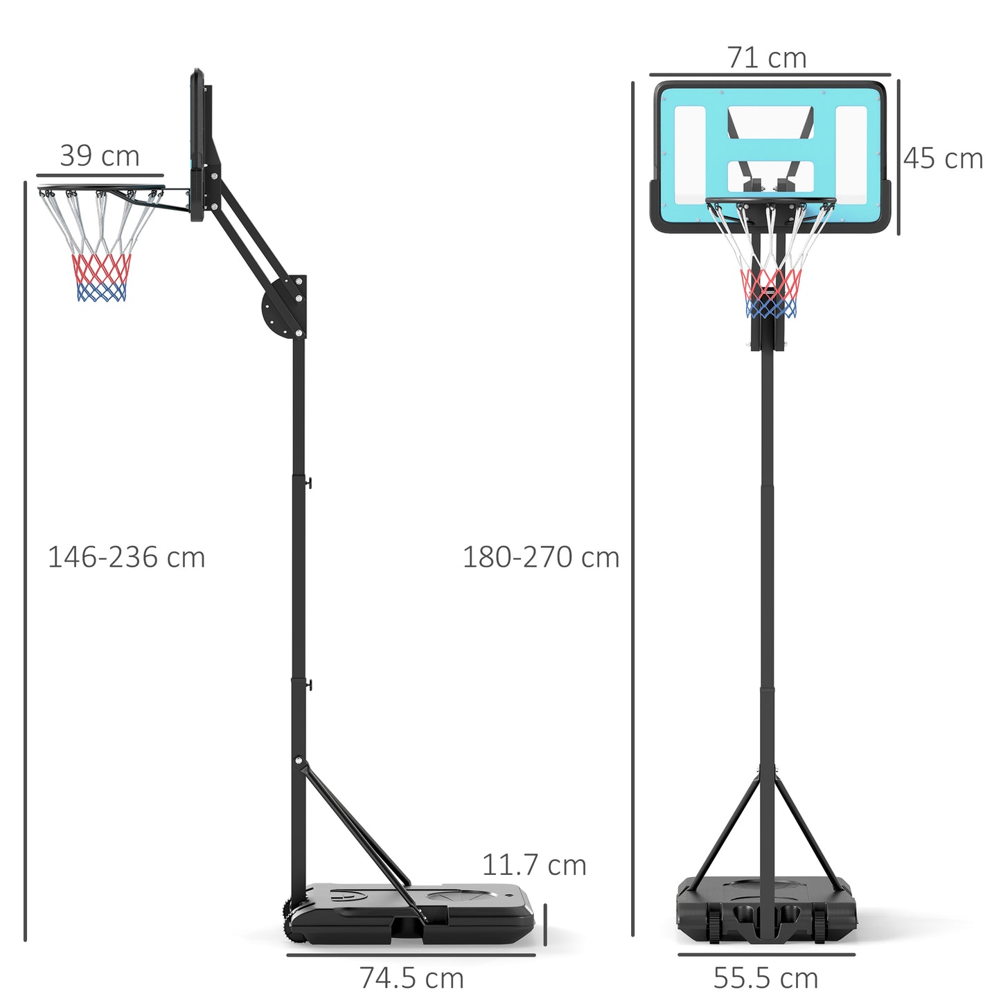 146-236cm Adjustable Basketball Hoop Outdoor, Portable on Wheels