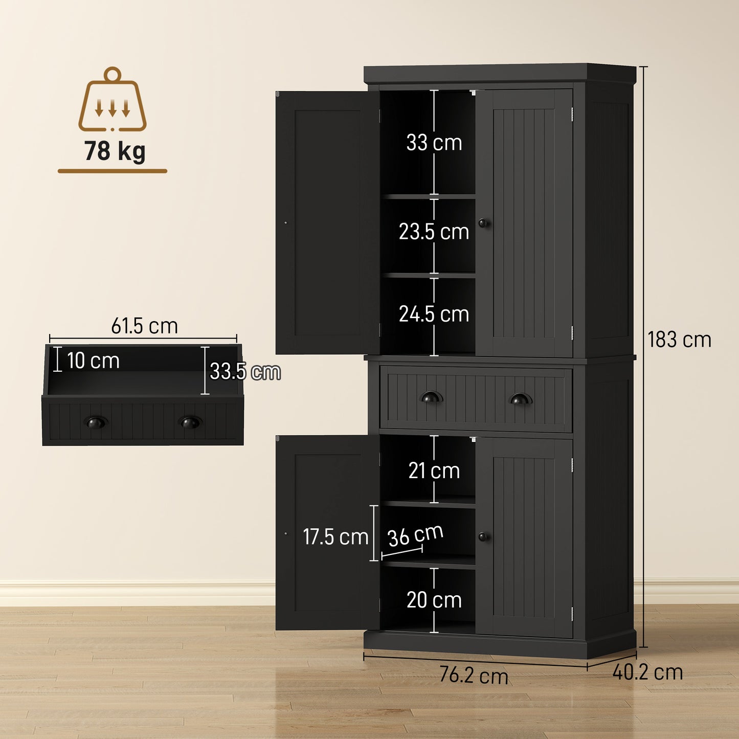 183 cm Tall Kitchen Cabinet, Freestanding Storage Cabinet with 4 Doors, Drawer and Adjustable Shelves, Kitchen Cupboard for Dining Room, Black