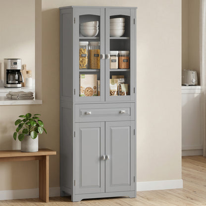 Kitchen Cupboard Storage Cabinet Adjustable Shelves, Glass Door, Grey