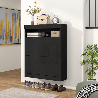 Wall Mounted or Freestanding Shoe Cabinet with 2 Flip Drawers, Black