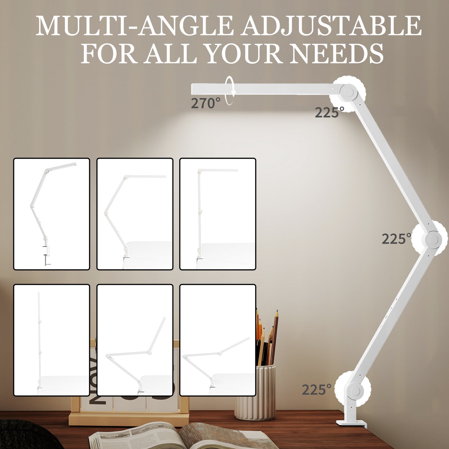 Desk Lamp with Adjustable Swing Arm, Dimmable LED Desk Light, White