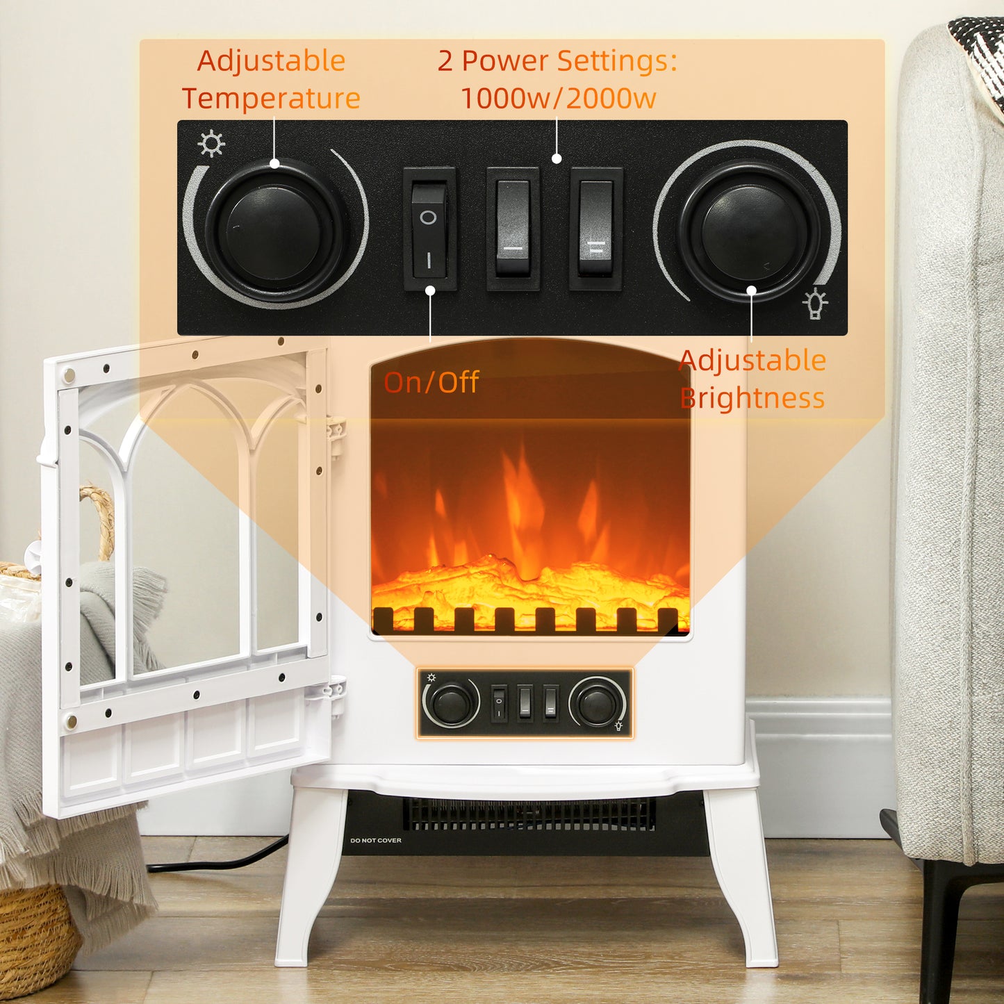 Electric Log Burner with LED Flame Effect 1000W/2000W