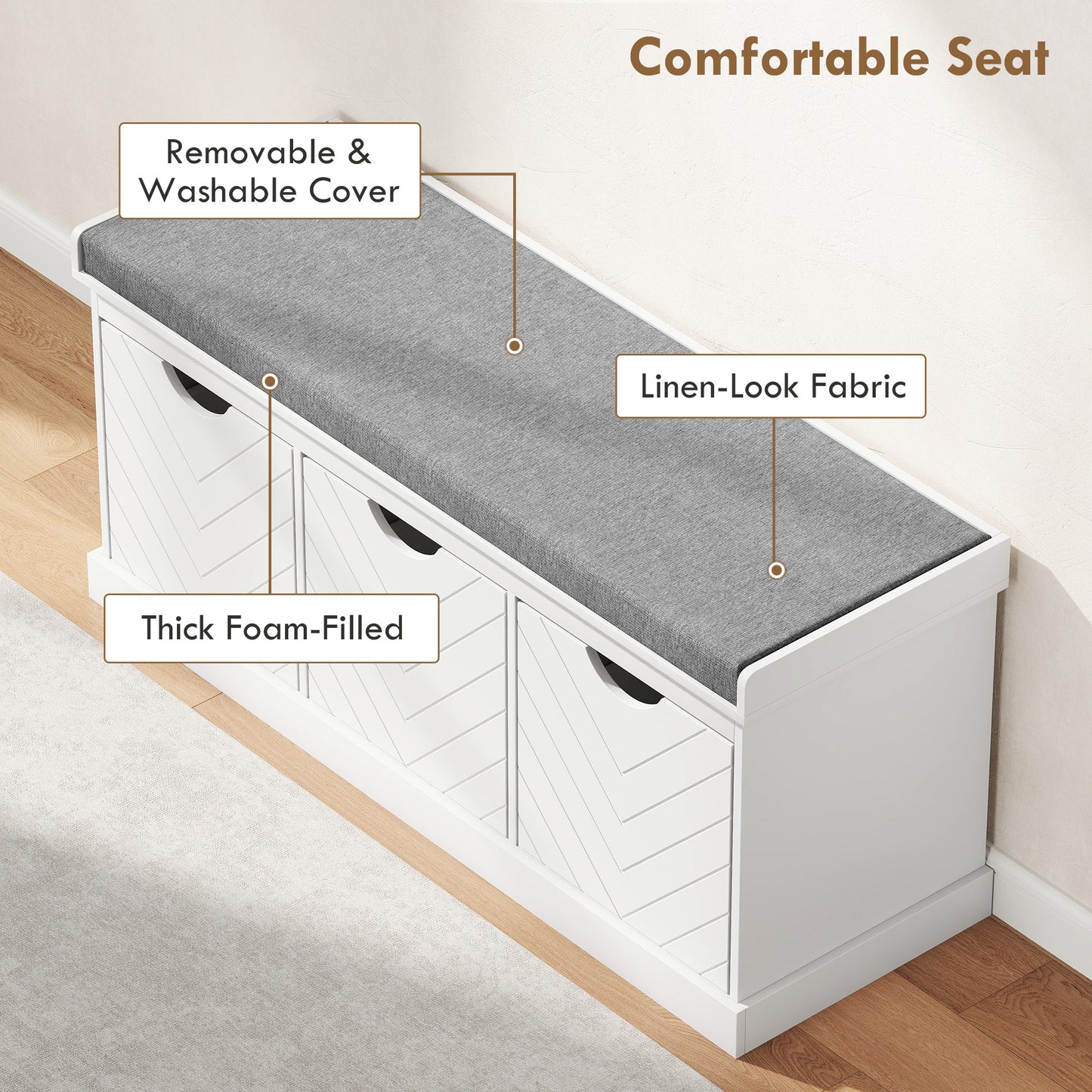Shoe Storage Bench with 3 Removable Drawers and Padded Seat, White