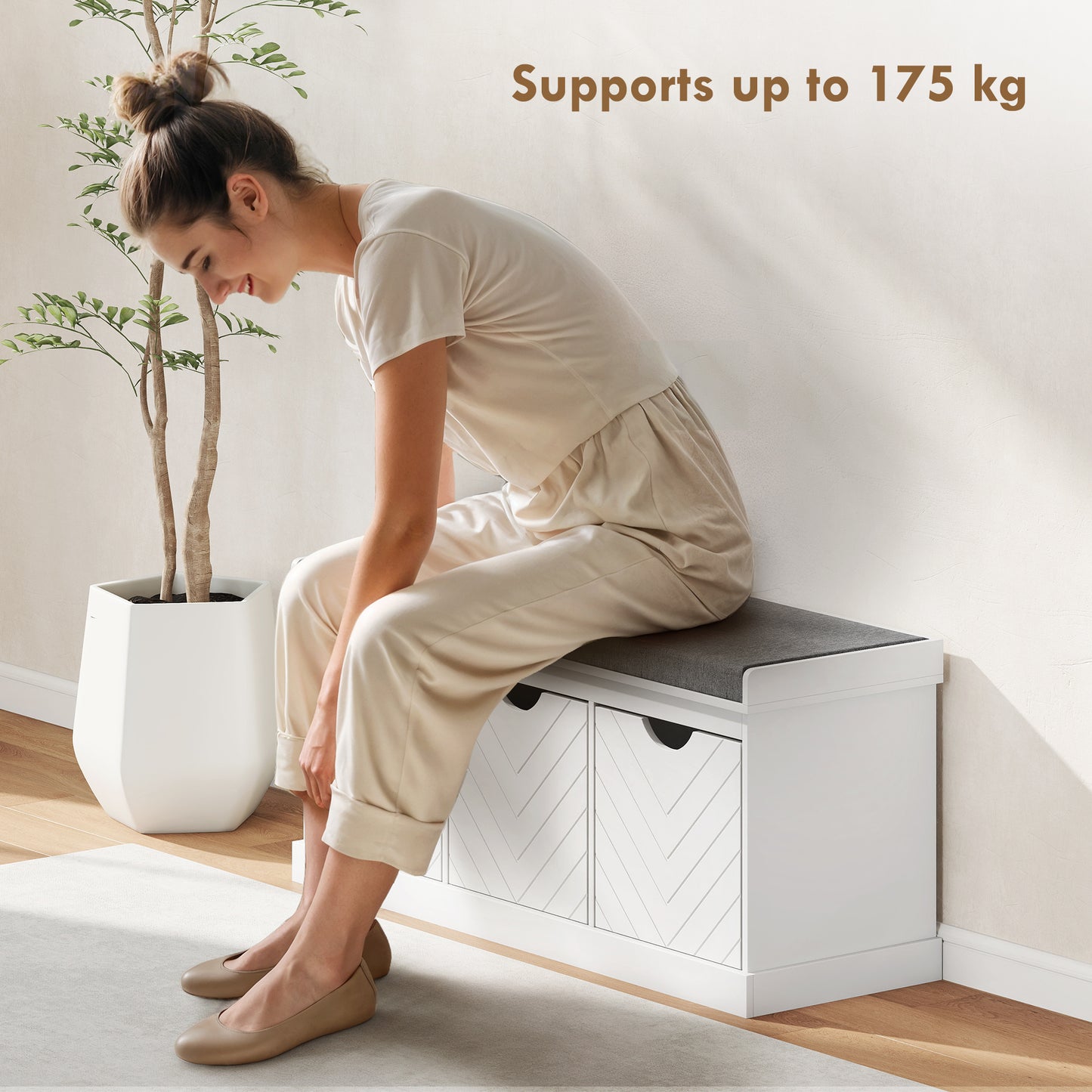 Shoe Storage Bench with 3 Removable Drawers and Padded Seat, White
