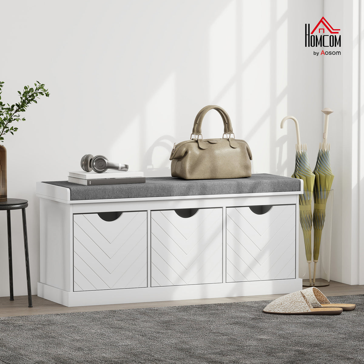 Shoe Storage Bench with 3 Removable Drawers and Padded Seat, White