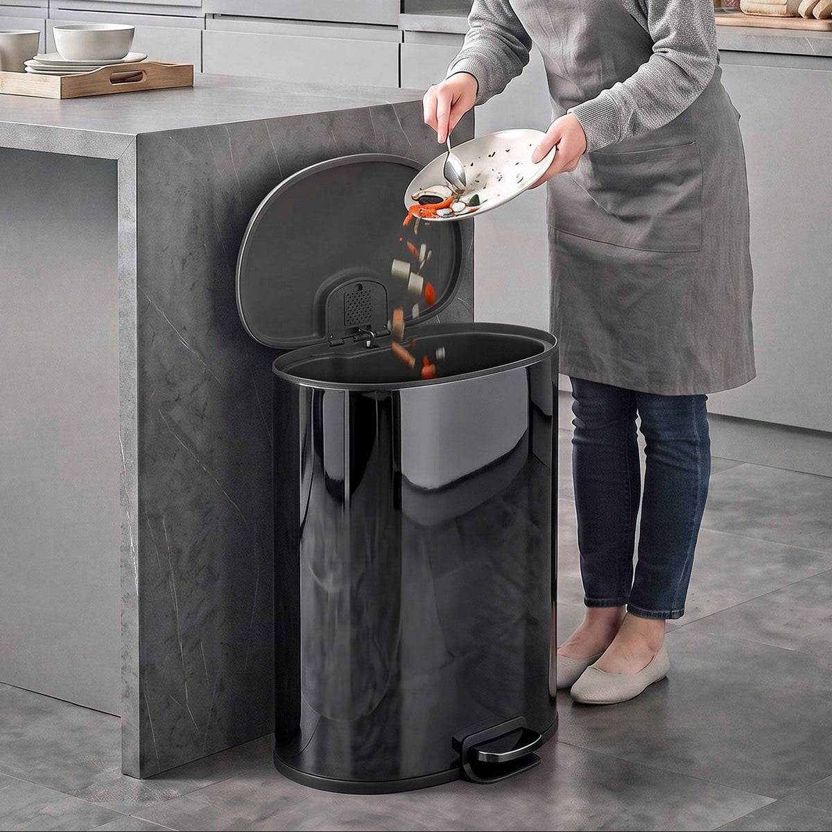 50L Stainless Steel Kitchen Pedal Bin with Soft-Close Lid - Black