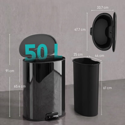 50L Stainless Steel Kitchen Pedal Bin with Soft-Close Lid - Black