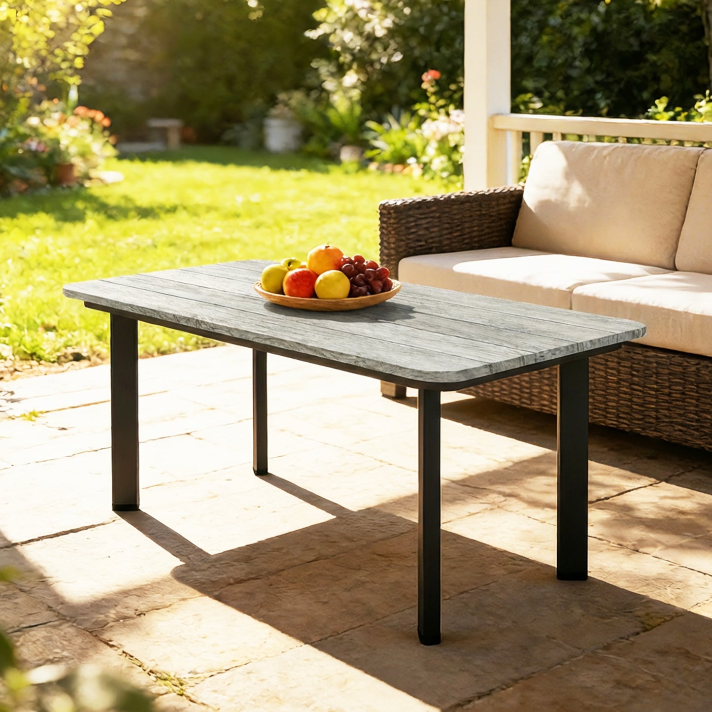 Outdoor Coffee Table, Garden Table with Slatted WPC Top, Grey