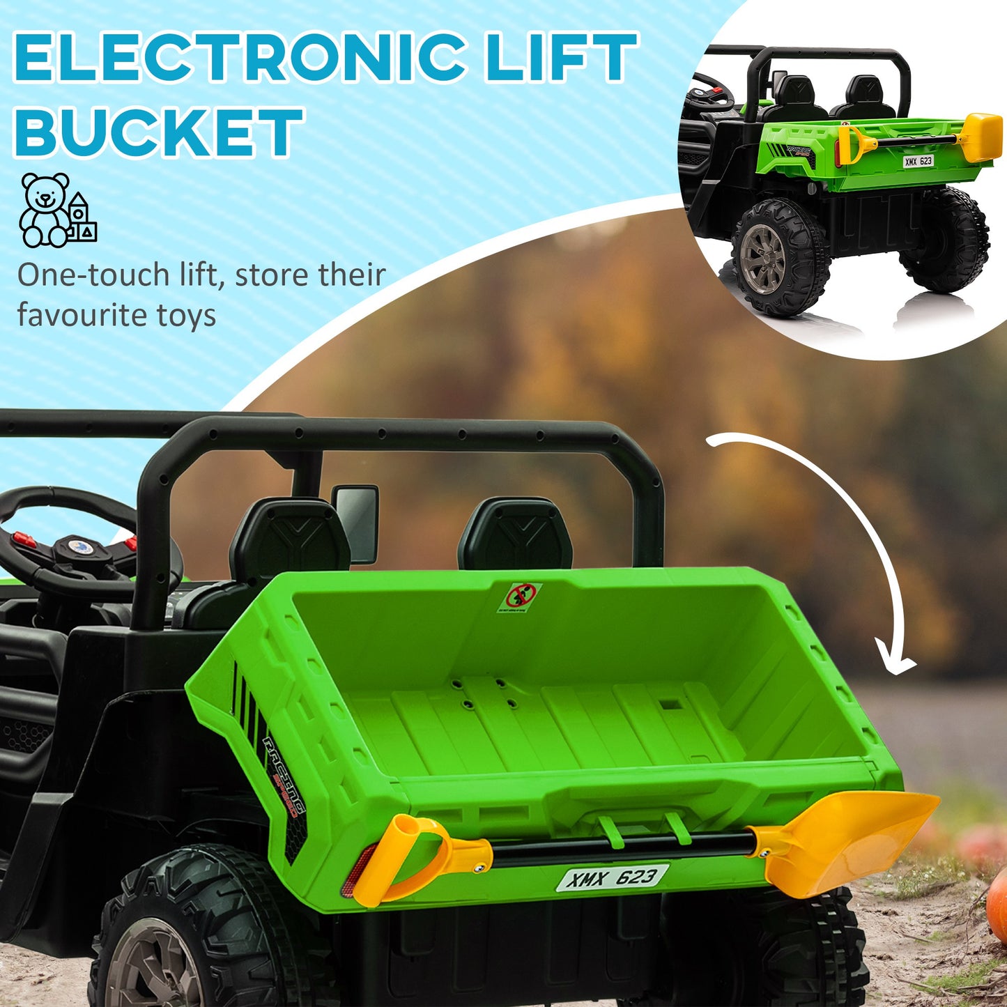 12V 2 Seater Kids Electric Ride-On Car w/ Electric Bucket - Green