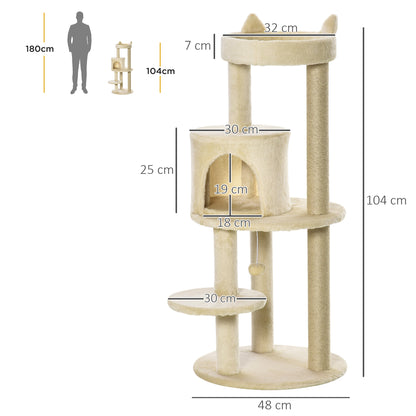 104 cm Cat Tree, Cat Condo Tree Tower, Cat Activity Centre with Scratching Posts, Plush Perch, Hanging Ball - Beige