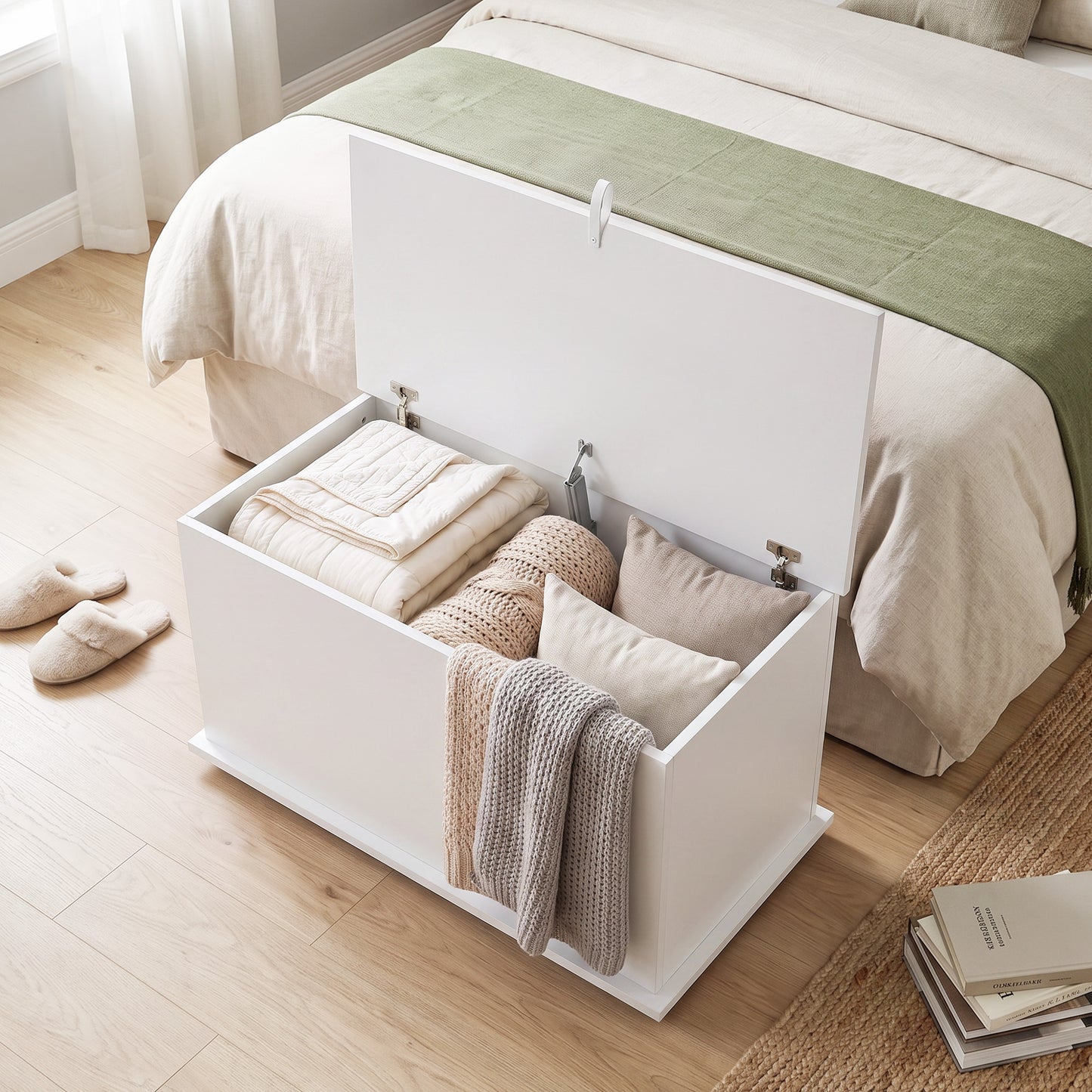 Storage Chest with Safety Hinged Lid, 102L Storage Box, White