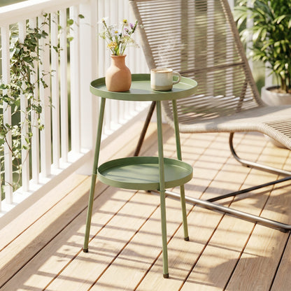 Patio Side Table, 2-Tier Round Coffee End Table, Light Green