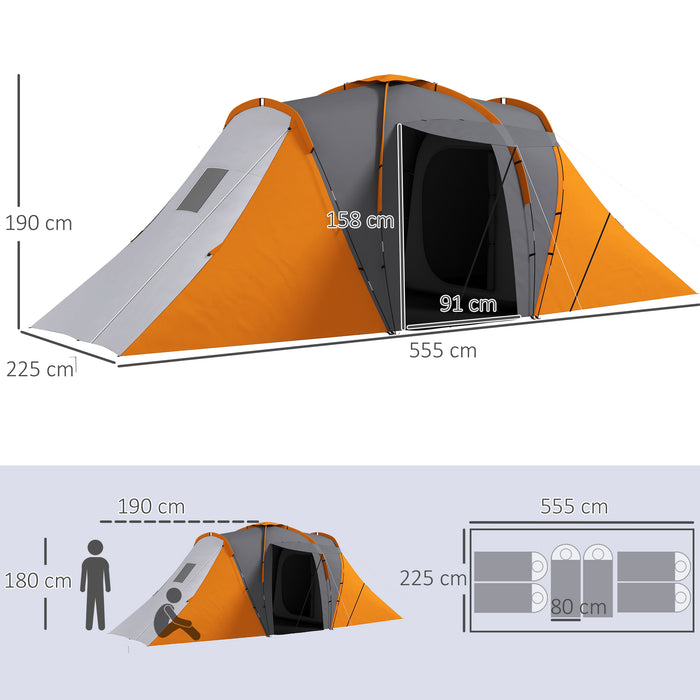 Large Camping Tent Tunnel Tent with 2 Bedroom and Living Area, 2000mm Waterproof, Portable with Bag for 4-6 Man, Orange