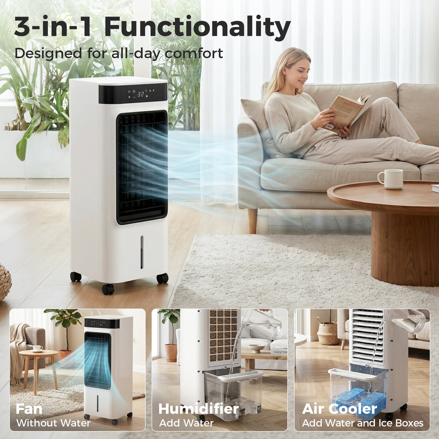 Portable Air Cooler, 3-In-1 Evaporative Air Cooler with 7L Water Tank
