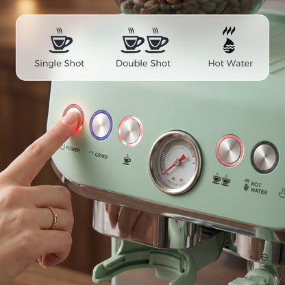 Espresso Machine with Integrated Bean Grinder & Steam Wand, Bean to Cup Coffee Machine with 15 Bar Italian Pump, 2L Water Tank, Cappuccino Maker, Stainless Steel, Light Green