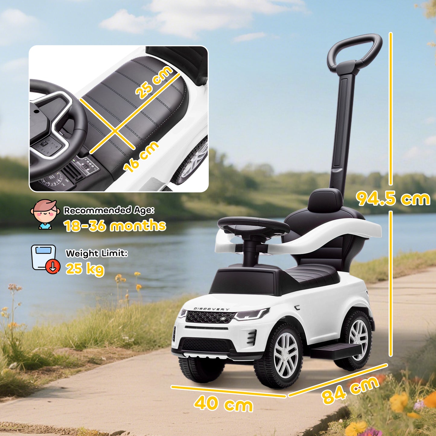 LAND ROVER Licensed Baby Push Car, 2-in-1 Ride on Car, White