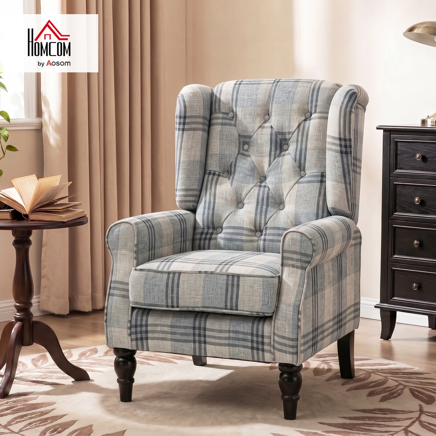 Accent Chair Wingback Armchair Retro Tufted Club Wood Fabric, Mixed