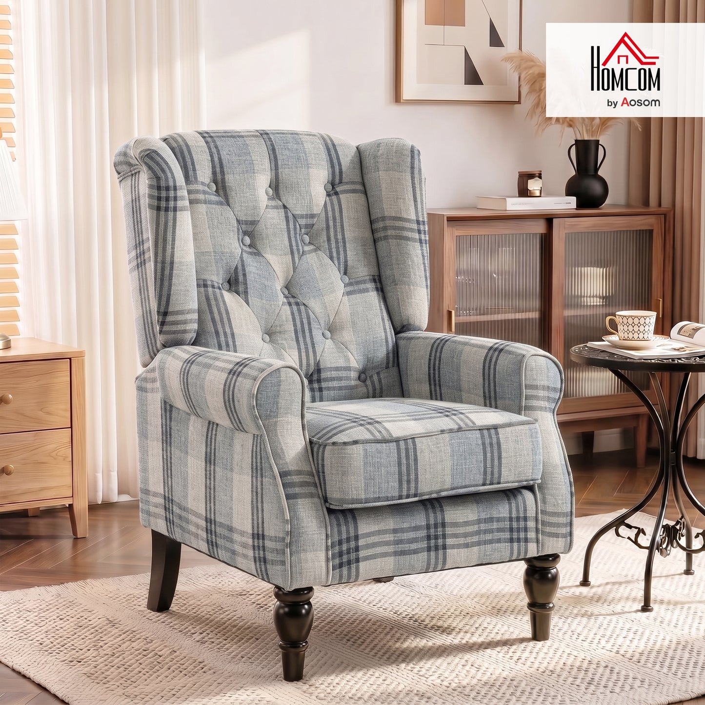 Accent Chair Wingback Armchair Retro Tufted Club Wood Fabric, Mixed