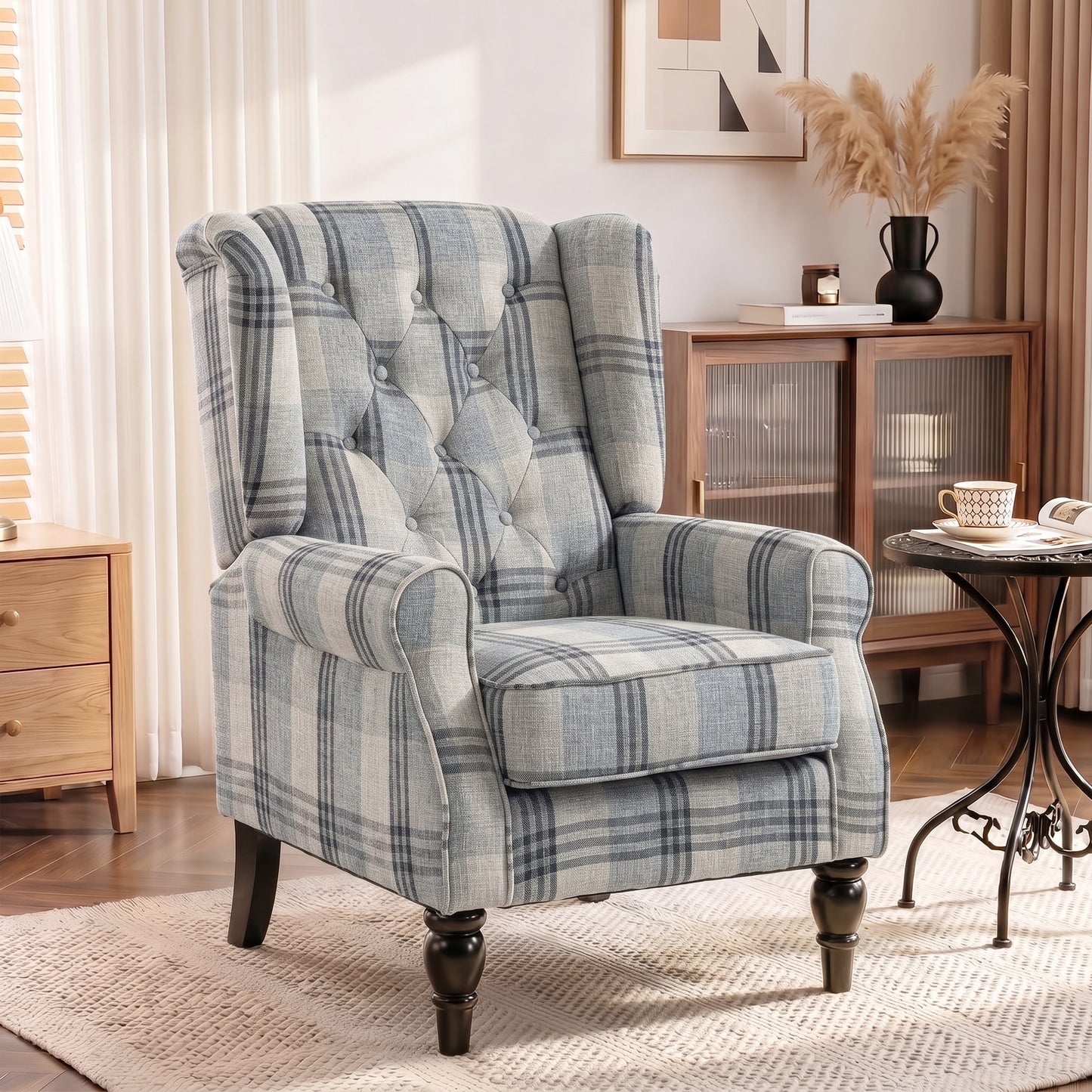 Accent Chair Wingback Armchair Retro Tufted Club Wood Fabric, Mixed
