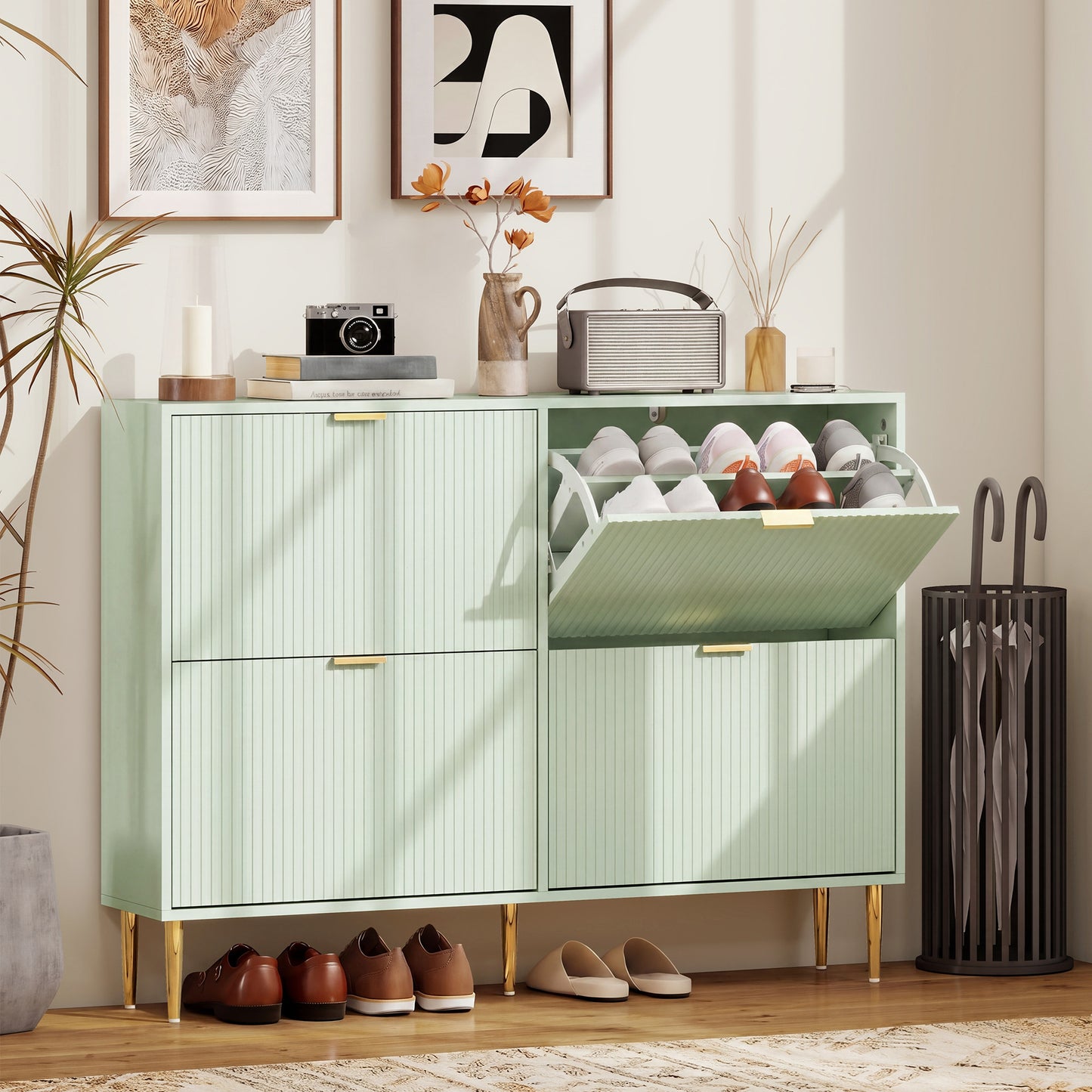 Narrow Shoe Cabinet with 4 Flip Drawers, Modern Slim Shoe Storage Cabinet with Fluted Doors and Adjustable Shelves for Hallway, Holds 10-20 Pairs, Light Green