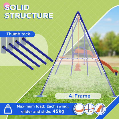 4 in 1 Metal Garden Swing Set with Double Swings Glider Slide Ladder Orange