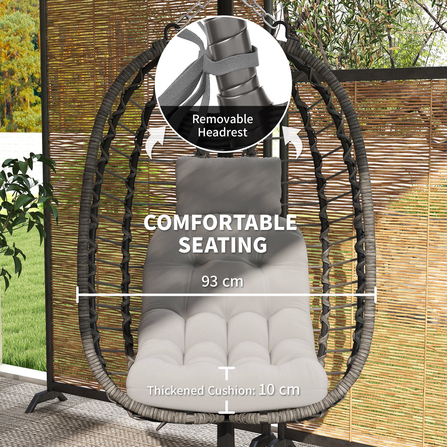Rattan Hanging Egg Chair w/ Stand, Cushion, Headrest, Light Grey