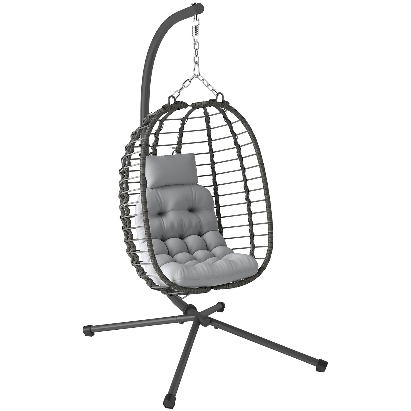 Rattan Hanging Egg Chair w/ Stand, Cushion, Headrest, Light Grey