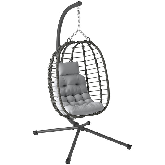 Rattan Hanging Egg Chair w/ Stand, Cushion, Headrest, Light Grey