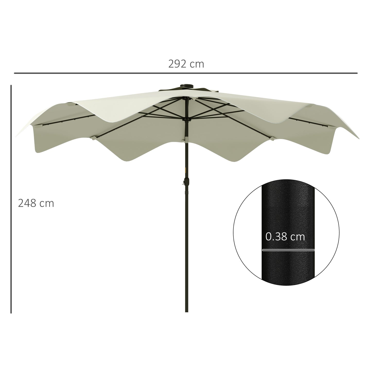 Solar Patio Umbrella with LED and Tilt, Outdoor Market Table Umbrella Parasol with Crank, 3 x 3 (m), Cream White