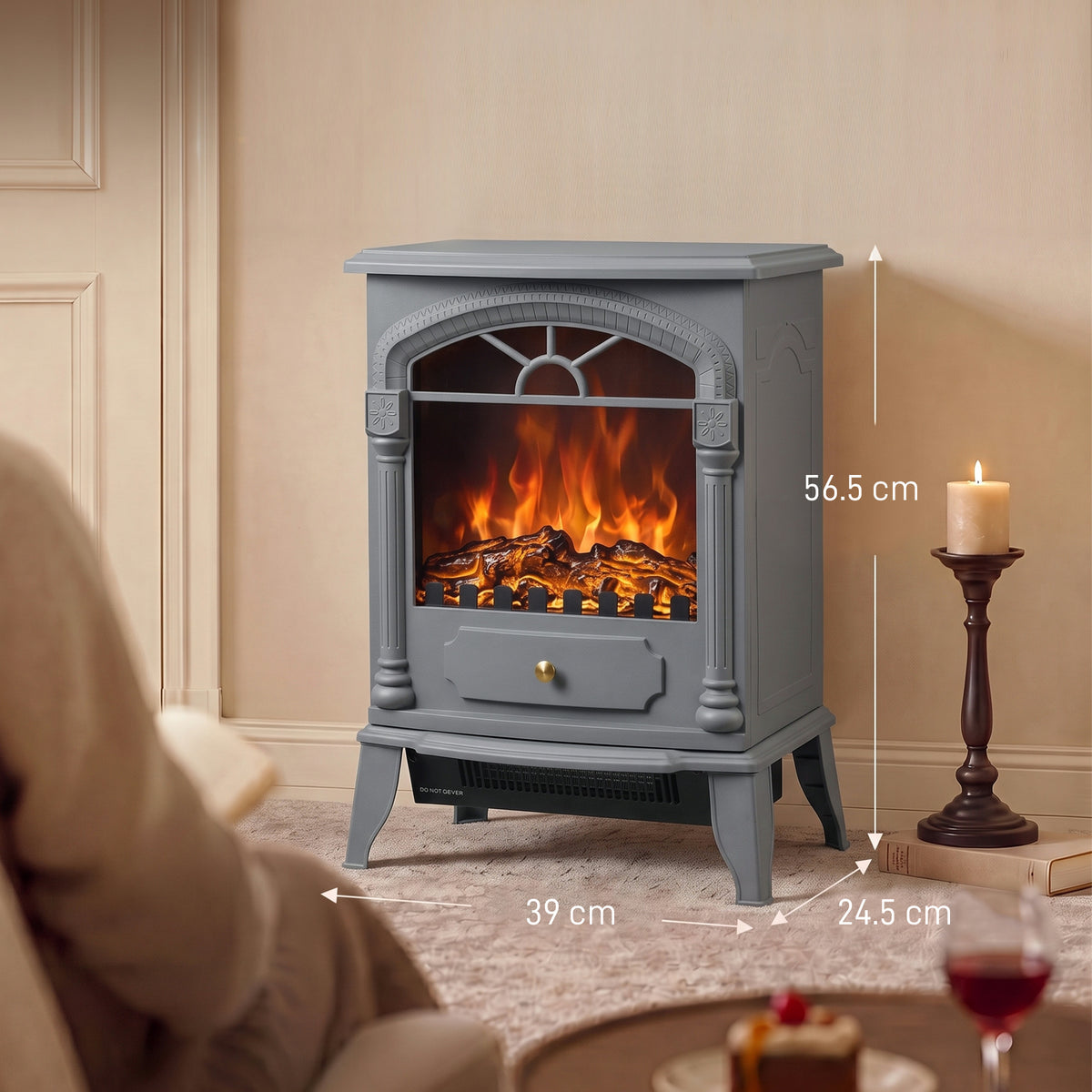 Freestanding Portable Fireplace with Adjustable Thermostat, Grey