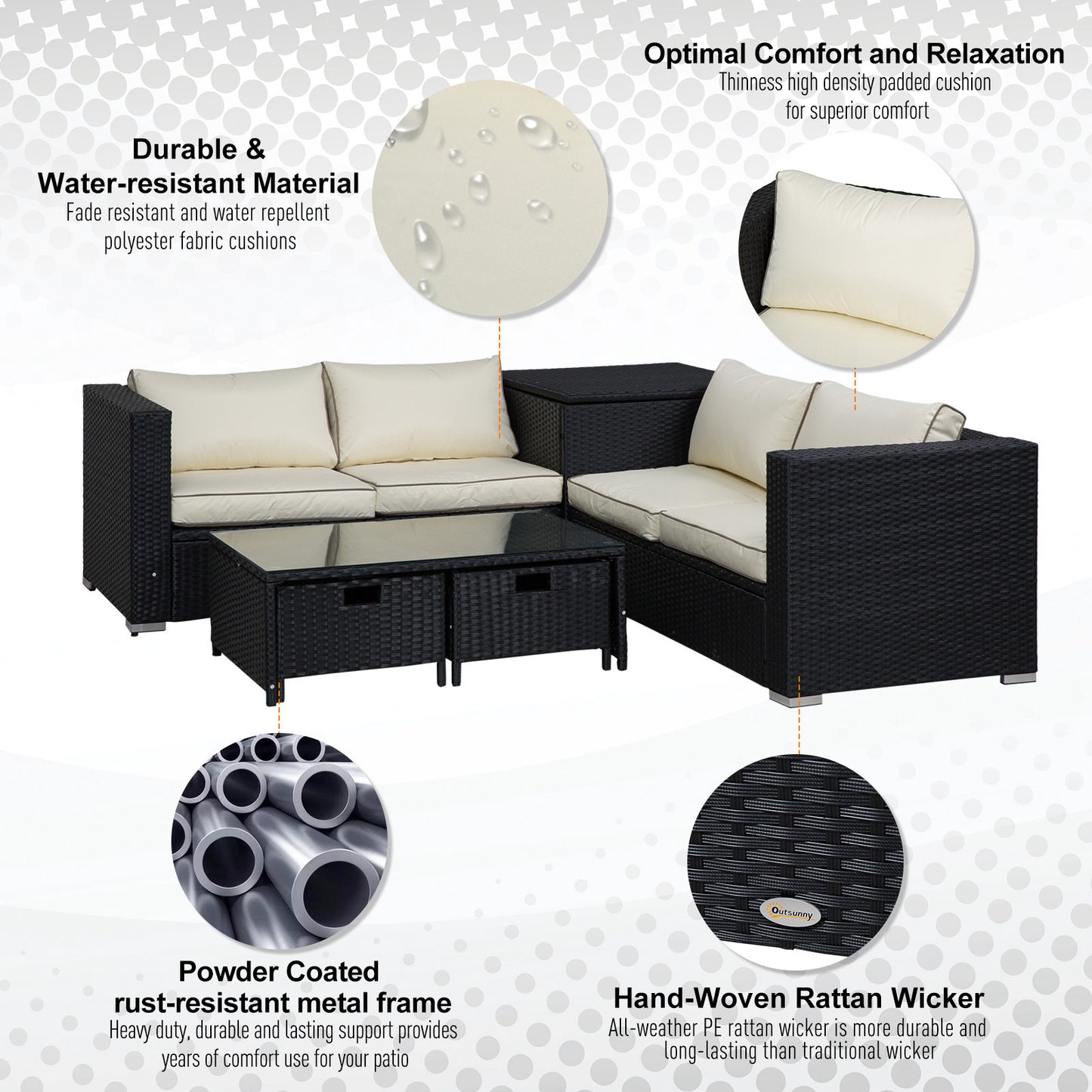 Outsunny 4 Pcs Rattan Wicker Garden Furniture Patio Sofa Storage & Table Set w/ 2 Drawers Coffee Table,Great Cushioned 4 Seats Corner Sofa - Black