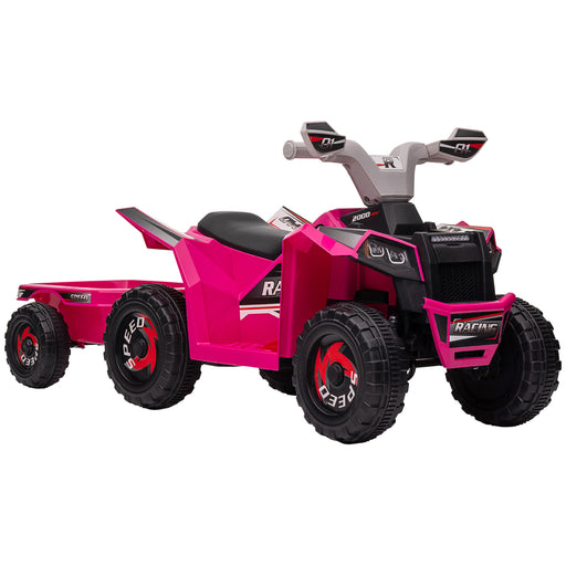 6V Quad Bike with Back Trailer, Wear-Resistant Wheels for Ages 18-36 Months, Pink