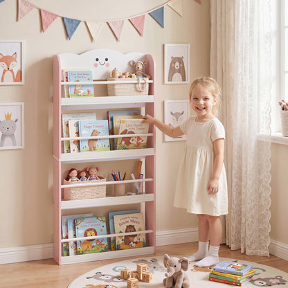 4 Tier Kids Bookshelf, Wall-Mounted Children Bookcase, Cotton Candy Theme Toddler Space-Saving Bookcase for Living Room, Kids Room, Playroom, Pink